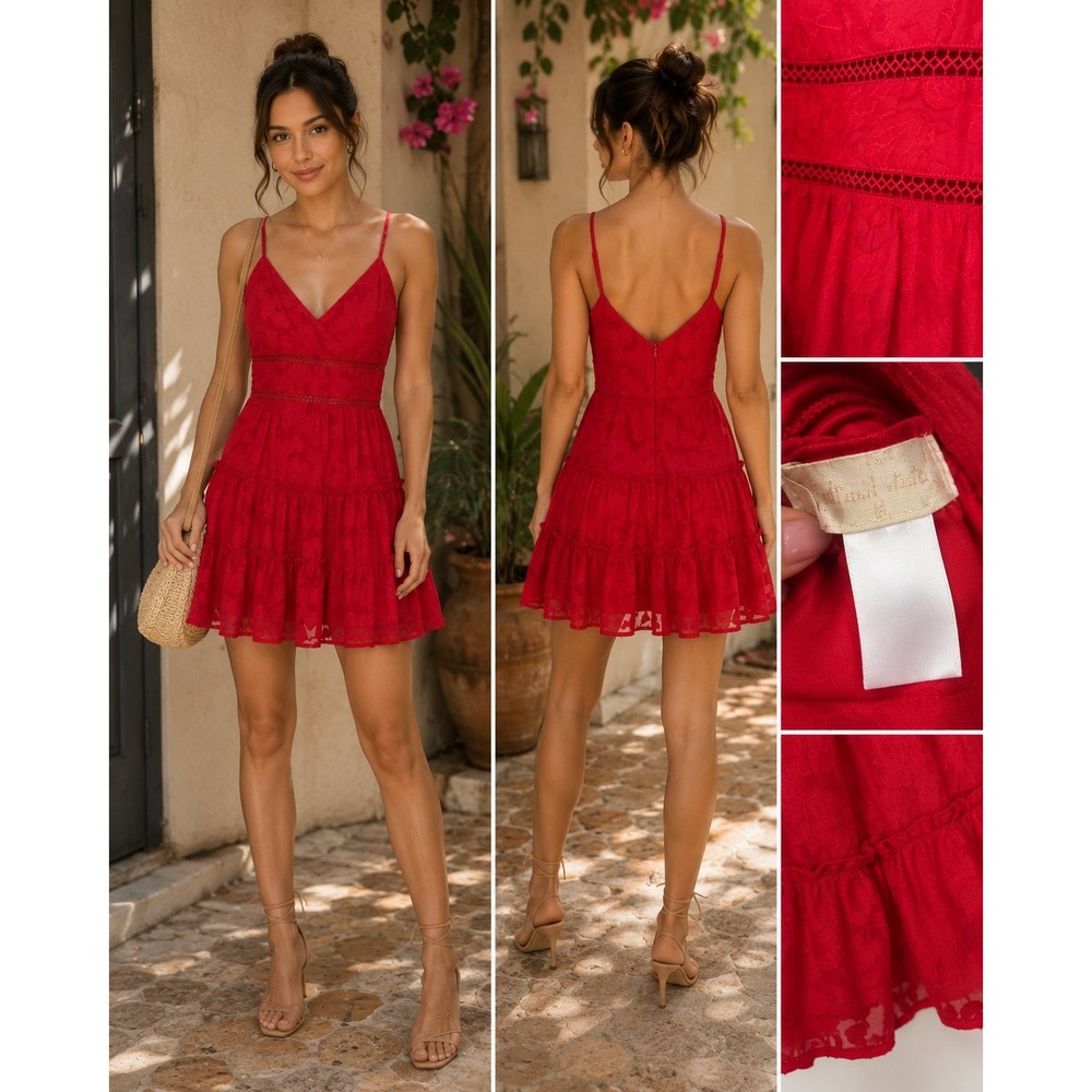 Altar'd State Red Floral Jacquard Tiered Mini Dress Medium Boho Party